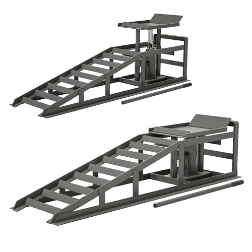 2 Pack Hydraulic Car Ramps 5 Ton 11000LB Capacity, Low Profile Vehicle Service Ramps with Hydraulic Jack, Heavy Duty Steel Car Lift Ramps for Truck Trailer Garage Maintenance (Gray, 11.61" - 16.21") - color: Gray