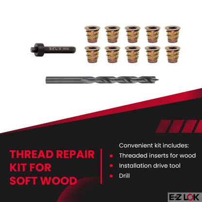 E-Z Hex Thread Repair Kit for Soft Wood Flanged Threaded Inserts 10-24 x 10mm, Drill, Installation Tool - size: 10-24 x 10mm, style: Flanged