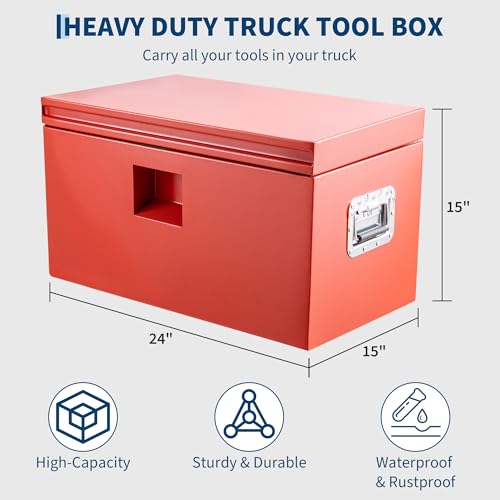 Industrial Steel Truck Tool Box w/Gas-Shock Lid, Pry-Resistant Security & Weatherproofing Toolbox Organizer Chest Fits Pickup, Truck Bed, RV, Trailer - color: Red, size: 15X15X24 inch