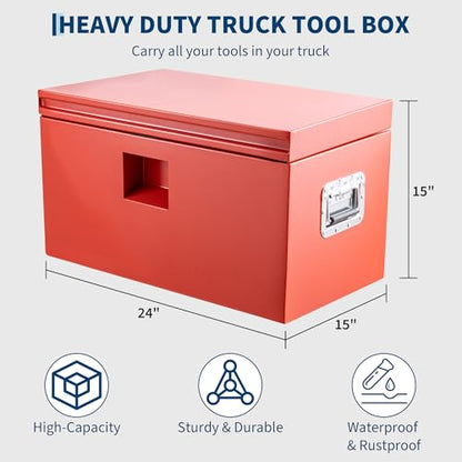 Industrial Steel Truck Tool Box w/Gas-Shock Lid, Pry-Resistant Security & Weatherproofing Toolbox Organizer Chest Fits Pickup, Truck Bed, RV, Trailer - color: Red, size: 15X15X24 inch