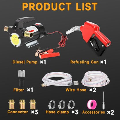 12V DC Diesel Fuel Transfer Pump Kit, Self-priming Electric Diesel Transfer Pump -10 GPM Flow, Fuel Transfer Extractor Pump Kit with Nozzle and Hose for Diesel, Kerosene, Motor Oil and Transformer Oil