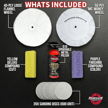 Renegade Products Mo’ Money Gold Standard Bundle | Complete Aluminum & Stainless Steel Polishing Kit with Buffing Wheels, Compounds, Q16 Spray Polish & Sanding Discs | High-Luster Mirror Shine System