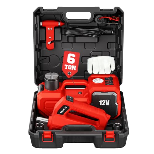 6T Electric Car Jack, 12V Portable Hydraulic Jack with Built-in Inflatable Pump, 550N·m Impact Wrench & LED Light, Lifting Height 6.1-17.7 Inch for SUV/Sedan/Truck/MPV Tire Change & Garage Repair