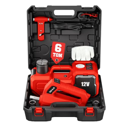 6T Electric Car Jack, 12V Portable Hydraulic Jack with Built-in Inflatable Pump, 550N·m Impact Wrench & LED Light, Lifting Height 6.1-17.7 Inch for SUV/Sedan/Truck/MPV Tire Change & Garage Repair