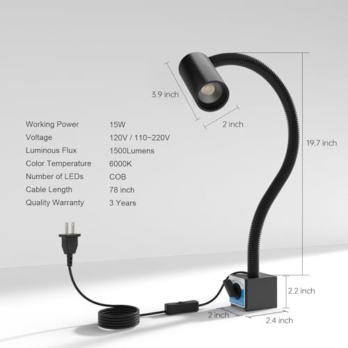 LED Magnetic Work Light, 1500lumens 20in Flexible Gooseneck Work Lamp with Strong Magnetic Base for Lathe Machines, Workbenches. 15W