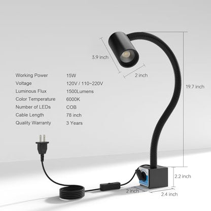 LED Magnetic Work Light, 1500lumens 20in Flexible Gooseneck Work Lamp with Strong Magnetic Base for Lathe Machines, Workbenches. 15W