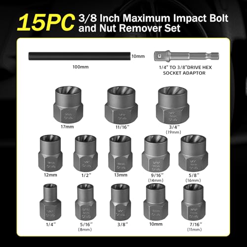 15Pcs Bolt Extractor Socket Set, Heavy-Duty Nut Socket Set, 3/8" Drive Impact Stripped Bolt Remover & Locking Lug Nut Tool for Damaged/Frozen/Rusted Bolts, Nuts & Screws, Storage Case Included - size: 15Pcs