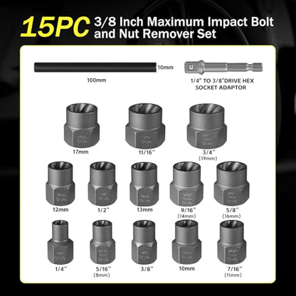 15Pcs Bolt Extractor Socket Set, Heavy-Duty Nut Socket Set, 3/8" Drive Impact Stripped Bolt Remover & Locking Lug Nut Tool for Damaged/Frozen/Rusted Bolts, Nuts & Screws, Storage Case Included - size: 15Pcs
