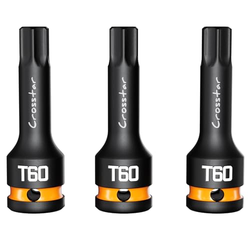 Crosstar 3pcs T60 Impact Torx Bit Socket Set, 1/2" Drive Cr-Mo Steel, Long High Impact Star Sockets for Automotive & Heavy-Duty Use, Professional Mechanic Tools with Transparent Case - size: T60 (Long)