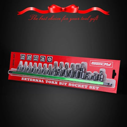 16 - Piece Tamper Proof Torx Star Bit Socket Set – T8-T60, 1/4", 3/8", 1/2" Drive with Magnetic Organizer, Includes Adapters for Garage & Workshop Use - style: 16PCS Torx T8–T60