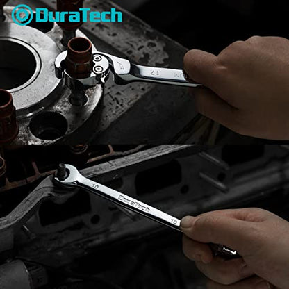 DURATECH 5-Piece Ratcheting Flare Nut Wrench Set, Metric | 10mm, 12mm, 13mm, 14mm, 17mm, CR-V Steel, Open End Wrench, Organizer Pouch Included