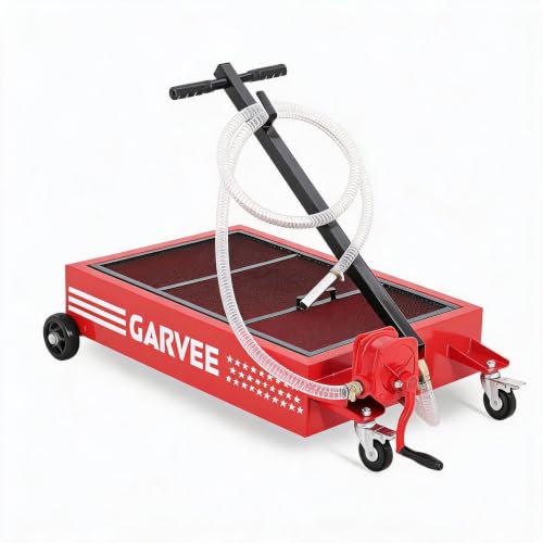 20 Gal Oil Drain Pan with Pump,Low Profile Rolling Oil Drain Cart with 8.2 ft Hose | with Manual Pump, Wheels & Folding Handle, Oil Drain Tank for Cars, SUVs, Trucks, Buses, RVs - color: National Flag-Red, size: 20 Gal with Manual Pump