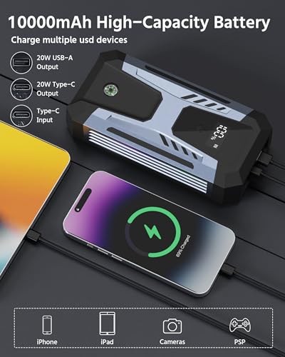 Car Jump Starter Portable 3000A 12V Car Engine Starter 6L Gas 3L Diesel, Supersafe Lithium Jump Box with USB Quick Charge, Jump Starter with Compass,Flashlight,LED Screen,Storage Box