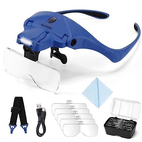 YOCTOSUN Magnifying Glasses with Light, Hands Free Headband Magnifier with 4 LED Lights and 5 Detachable Lenses 1X to 3.5X,Rechargeable Head Magnifier Glasses for Crafts, Hobby, Close Work - color: Deep Blue