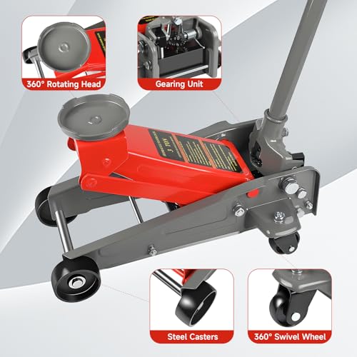 LARBANKE 3 Ton Floor Jack, 6600 Lbs Fast Lift Floor Jack with Wheels, Carbon Steel Heavy Duty Jack with 5.31"-18.11" Lifting Range, Stable Support for Most Cars,Red