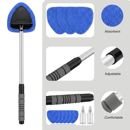 2-Pack Windshield Cleaner Tool, Extendable Handle Auto Detailing Kit with 8 Washable Microfiber Pads & Spray Bottle, Professional Home & Car Window Glass Duster, 180° Swivel Head