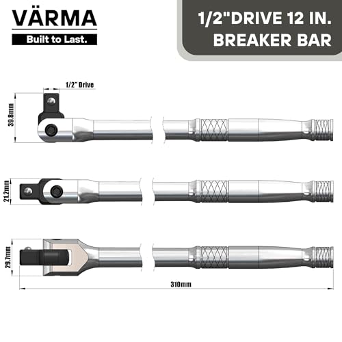 1/2-Inch Drive Breaker Bar, 12-Inch – Heavy Duty CR-MO Head & 18mm Thick Shaft – Dual-Knurled Non-Slip Grip, Constant Tension Flex Head, Premium Mirror Chrome Finish - size: 1/2" Drive x 12"