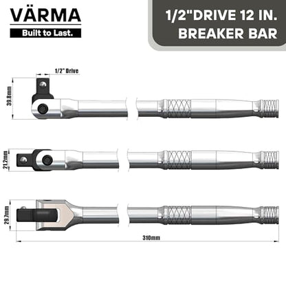 1/2-Inch Drive Breaker Bar, 12-Inch – Heavy Duty CR-MO Head & 18mm Thick Shaft – Dual-Knurled Non-Slip Grip, Constant Tension Flex Head, Premium Mirror Chrome Finish - size: 1/2" Drive x 12"