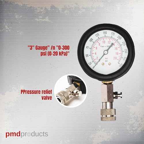 PMD Products Engine Cylinder Compression Tester Kit with Extender Tubes, 5 Spark Plug Adapters (M10, M12, M14, M16, M18), Dual Scale Compression Gauge, and Quick Check Rubber Cones