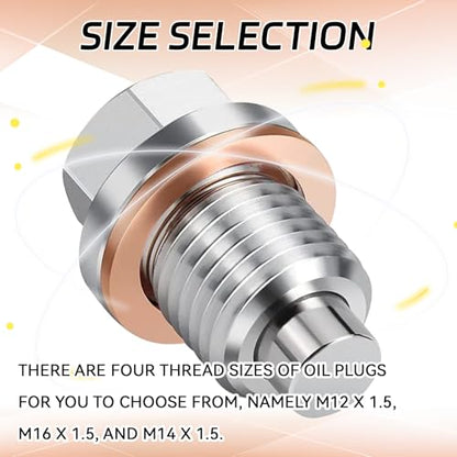 M12 x 1.5 Magnetic Oil Drain Pan Plug, Oil Pan Drain Plug Nut Bolt with 5 PCS Copper Crush Washer Gasket, Universal Engine Stainless Steel Oils Change Kit Leak-Proof Replacement for Most Vehicle - size: M12 x 1.5