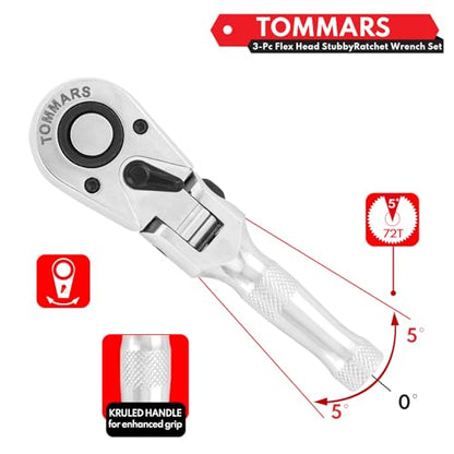 TOMMARS Flex Head Stubby Ratchet Set, 1/4", 3/8", 1/2" Socket Wrench Kit | Mechanic Hand Tool, Flexible, 72 Tooth 5-degree swing arc, Quick Release, Reversible - size: 1/4", 3/8", 1/2" Drive, style: Flex Head Stubby Ratchet Set