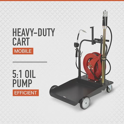 Ironton Mobile Oil Pump Kit, 3.7 GPM, Air Hose Reel 50ft. Retractable | 5:1 pump ratio, controlled fluid transfer, shop/fleet maintenance, easy service access, organized hose handling