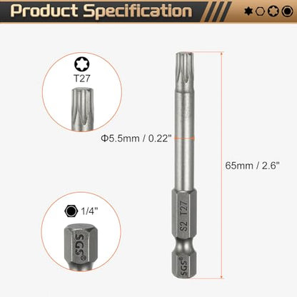 HARFINGTON 3pcs T27 Torx Head Screwdriver Bit 1/4" Hex Shank 2.6" (65mm) Long Magnetic No Hole Tip Tamper Proof 6 Point Star Screw Driver Drill Bits S2 Steel Industrial Power Screwdrivers - size: T27 x 2.6"(65mm)