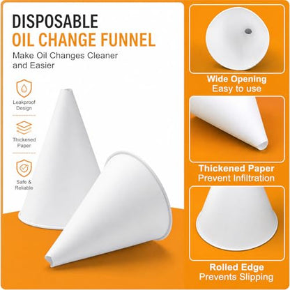 25 PCS Disposable Paper Funnels, Universal Oil Fuel Fluid Funnel for Car SUV Sedan Truck, No Spill Cone Funnel for Automotive Oil & Gas Changing
