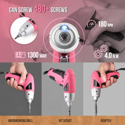 Hi-Spec Small Electric Screwdriver, Mini Drill Set, Rechargeable 3.6V Cordless Screwdriver with 26 Driver Bits, Power Tool for Small Projects & Home Use, Pink | 27pc, Speeds furniture assembly, comfortable cordless control, LED work light, USB charging, o