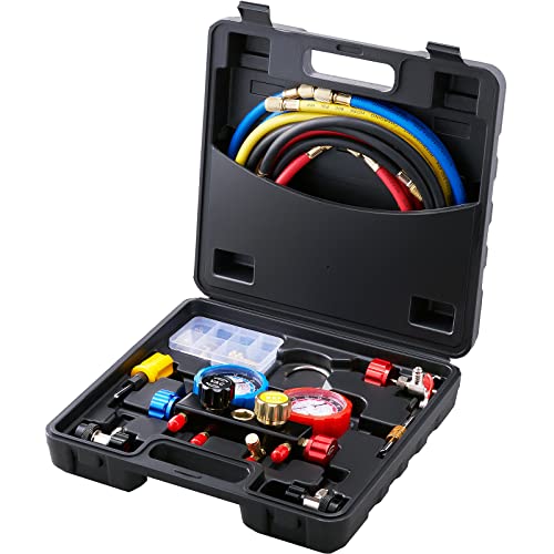 VEVOR 4 Way AC Gauge - AC Manifold Gauge Set for R134A R22 R12 R410A Refrigerant, Freon Gauges with 5ft Hoses, Couplers, Can Tap Works on Car Auto Freon Charging and Evacuation - size: R134a/R22/R12/R410a, style: 4 Way with Box