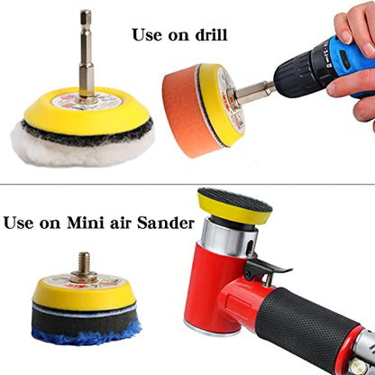 30pcs Drill Polishing Kit Car Detail Buffing Wheel with M6 Thread Backing Plate & 1/4” Hexagonal Shank,Car Sanding Polishing Waxing Pad for Drill and Mini Air Sander