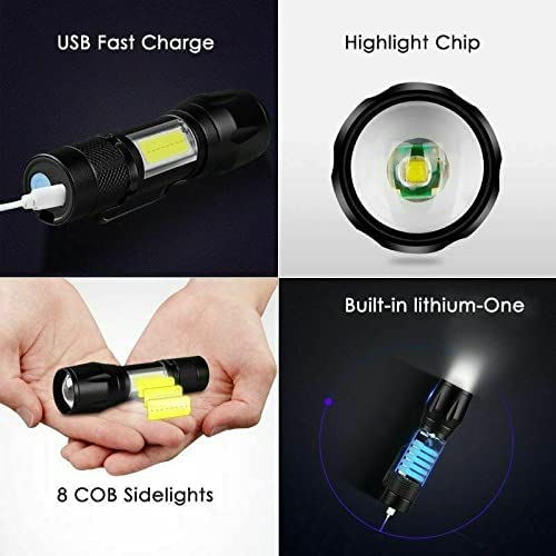 Wrrozz LED Small Mini Flashlights Rechargeable USB with Side Torch 2 Pack | Super bright Zoomable tactical travel flash light with side Light. Compact pocket size for camping, hiking, emergency. - size: A-2 pack