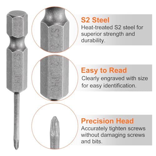 HARFINGTON 5pcs #0 Phillips Screwdriver Bit PH0 1/4" Hex Shank 2" (50mm) Long Magnetic S2 Steel Industrial Grade Screw Driver Bit Cross Head Electric Drill Bits 0.079" (2mm) Rod - size: PH0 x 50mm x 2mm