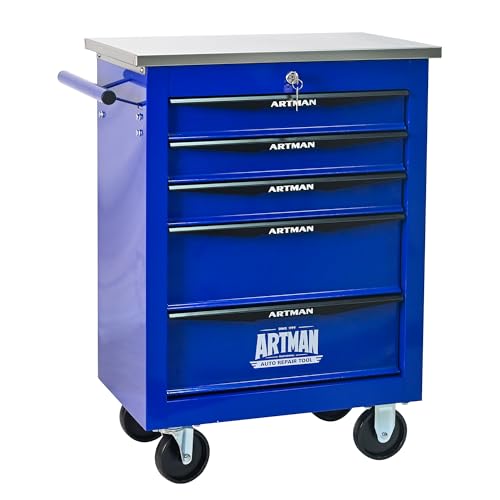 5 Drawers Tool Chest on Wheels, Stainless Steel Countertop Multifunctional Rolling Tool Storage Cart, Drawer Rolling Trolley Organizer Tool Box for Garage,Workshop(5 Drawers-Blue) - color: Blue, size: 5 Drawers 22.2"Wx13.58"Dx30.7"H
