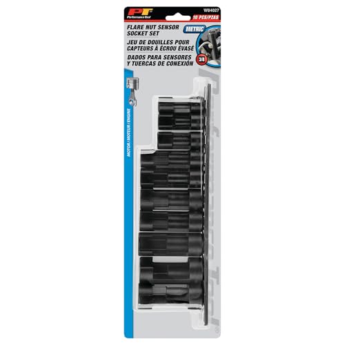 Performance Tool W84027 10 pc. 3/8-in. Dr. Flare Nut Socket Set for Tight Spaces: 10-19mm Sizes, Useful for Sensors, ABS, Master Cylinders, Chrome Vanadium Steel, Black Phosphorus Finish