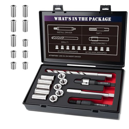 M11X2.0 Metric Thread Repair Kit with Insert HSS Drill, Tap, Installation Driver, Counterbore, Two Sizes Stainless Steel Insert 5PCS 16.2MM and 5PCS 28.2MM