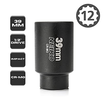 NEIKO 02529A 39mm Socket | 1/2” Drive Deep Impact Socket | Spindle & Axle Nut Socket | 12 Point |Chrome Molybdenum Cr-Mo |Deep Well Hub | Triple Square | Axle Shaft Nut Remover - size: 39 mm (Single)