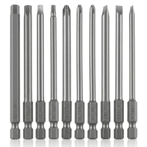 VESTTIO 10PCS Long Screwdriver Bit Sets, 4 Inch/100 mm | 4 Hex 3 Slotted 3 Phillips, 1/4 inch Hex Shank, S2 Steel, Magnetic Bit Assortment - size: 3SL3PH4HEX / 4 inch