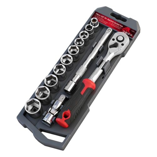 13-Piece 3/8" Drive Socket Set, Metric (8mm-21mm), 72-Tooth Quick-Release Ratchet Wrench with 4-Inch Extension Bar & Universal Joint, Professional CR-V Steel Mechanics Tool Set for Auto Repair & DIY