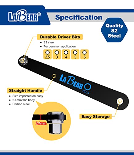 LABEAR Metric Hex Screwdriver Set, Ultra Low Profile 90°, 2.5-6mm | 10mm low-clearance access, S2 steel strength, five sizes included, carabiner storage for bike and repair kits - size: Metric HEX