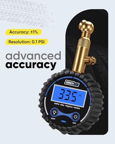 GERCHWAY Digital Tire Pressure Gauge for Cars - Accurate Air Pressure Gauge for Tires with 360° Swivel Chuck - 200 PSI