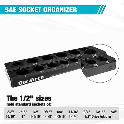 DURATECH Magnetic Socket Organizer, 1/2" SAE Socket Tray Holds 16 Pieces Standard & Deep Size Sockets, Magnetic Sockets Holder(Socket Not Included) - size: 1/2" DR, SAE