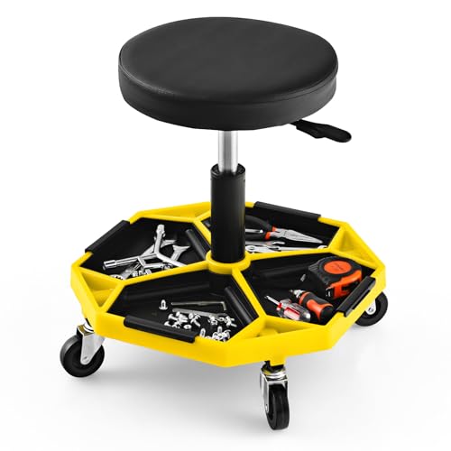 S AFSTAR Garage Shop Roller Seats, Adjustable Pneumatic Rolling Creeper Stool W/Tool Storage Tray & 4 Universal Wheels, Padded Mechanic Stool Repair Shop Stool Garage Rolling Stool (Yellow - color: Yellow