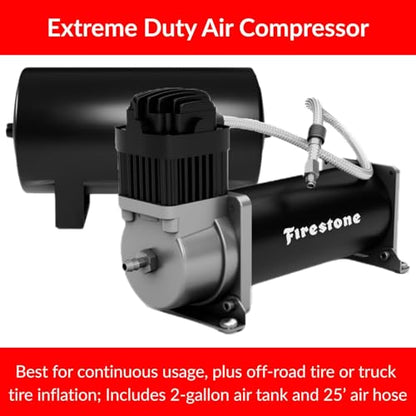 Firestone Airide Ride-Rite Rear Air Spring Kit with Air Command Dual Path Wireless App & Remote with Extreme Compressor Kit fits 1999-2026 F350 & 1999-2025 F450 Cab Chassis w/ 0" Lift | Decal - size: Dual Path with 2 Gallon Air Tank