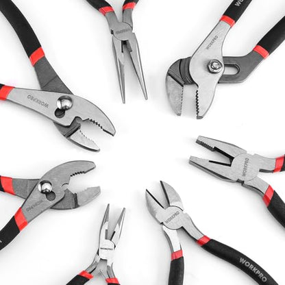 WORKPRO 7-piece Pliers Set, Black | Groove Joint Piler, Long Nose Piler, Slip Joint Piler, Linesman Piler, Diagonal Pliers for DIY & Home Use - color: Red, Black