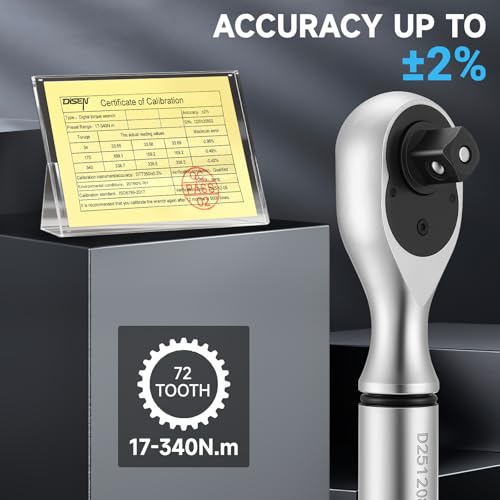 DISEN 1/2 inch Digital Torque Wrench (17-340 N.m / 12.5-250.8 Ft.lb), ±2% Accuracy, 4 Modes with Adjustable Limits, Blue/Red Alarm & Buzzer, 5 Units, for Automotive Motorcycle Bicycle Repair - size: 1/2 inch