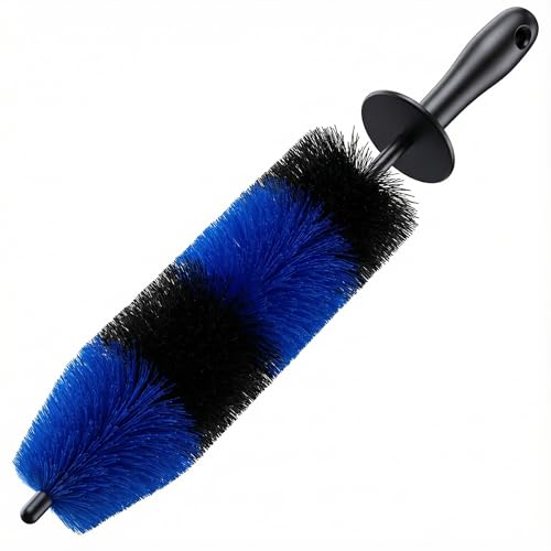TAKAVU Wheel & Tire Brush, Long Soft Bristle, Easy Reach for Rims (Blue) | Detailing Scrub Brush Cleans Rims, Exhaust Tips & Motorcycles, Long Bristle for Deep Barrel & Wheel Well Reach - color: Blue & Black