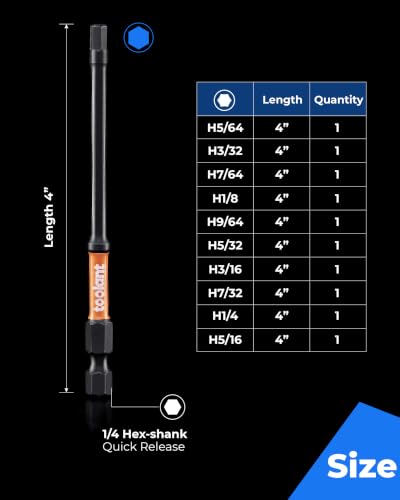 toolant Impact Hex Head Allen Wrench Drill Bit Set 10pcs (SAE), 1/4" Hex-Shank S2 Steel Hex Bits Set, CNC Machined Tips with Magnetism, 4" Long with Storage Box - size: 4" 10PCS(5/64"-5/16")