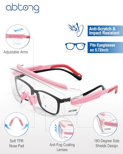 Safety Glasses Over Eyeglasses — ANSI Z87.1 Certified Clear Safety Goggles with UV380 Anti-Fog & Scratch Wraparound Lenses & Adjustable Temples — Ideal for Chemistry Lab Work & Industrial Use - color: Light Pink