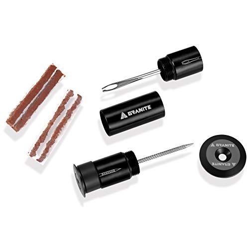 Granite Stash Tubeless Flat Tire Repair Kit Bike Tool Kit - Easy Handlebar Storage - Complete Bike Tire Plug Kit - 2 Different Size Tire Plugs - Portable - Easy and Effortless Usage (Black) - color: Black
